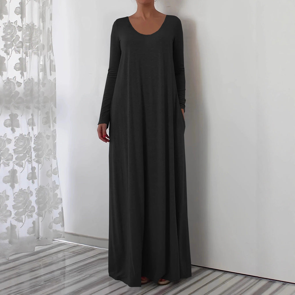 Długa sukienka z okrągłym dekoltem i długimi rękawami