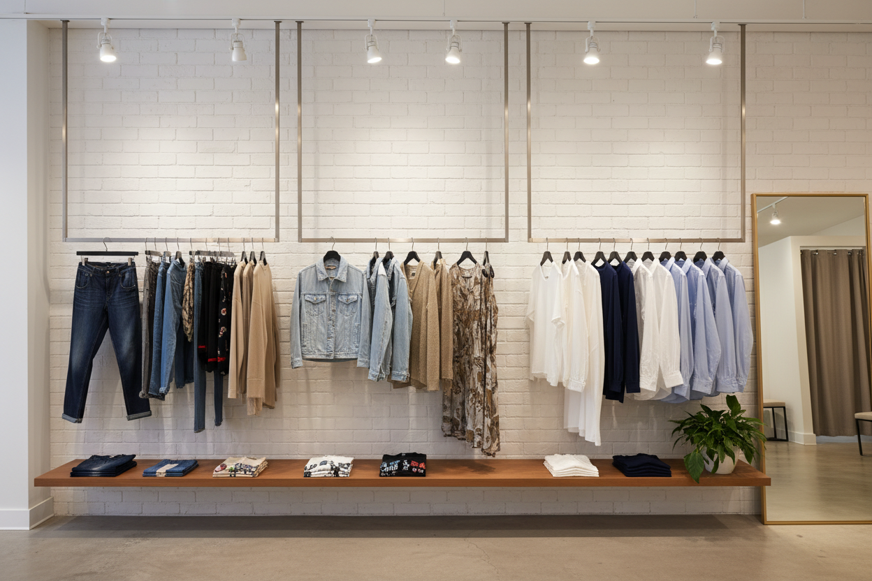 Multiple Clothing hanging in a store wall 